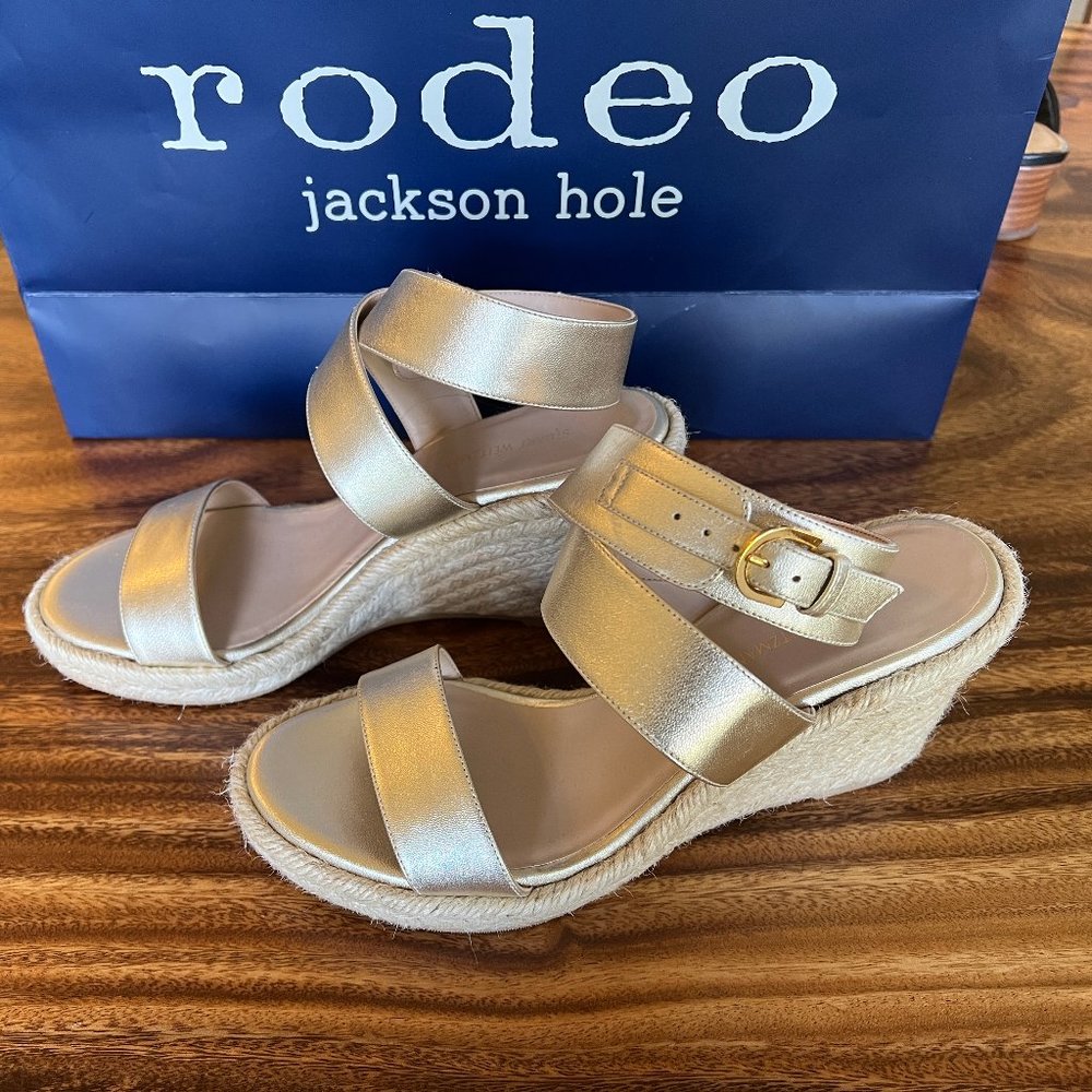 Stuart Weitzman Gold Leather Wedge Espadrille Sandals